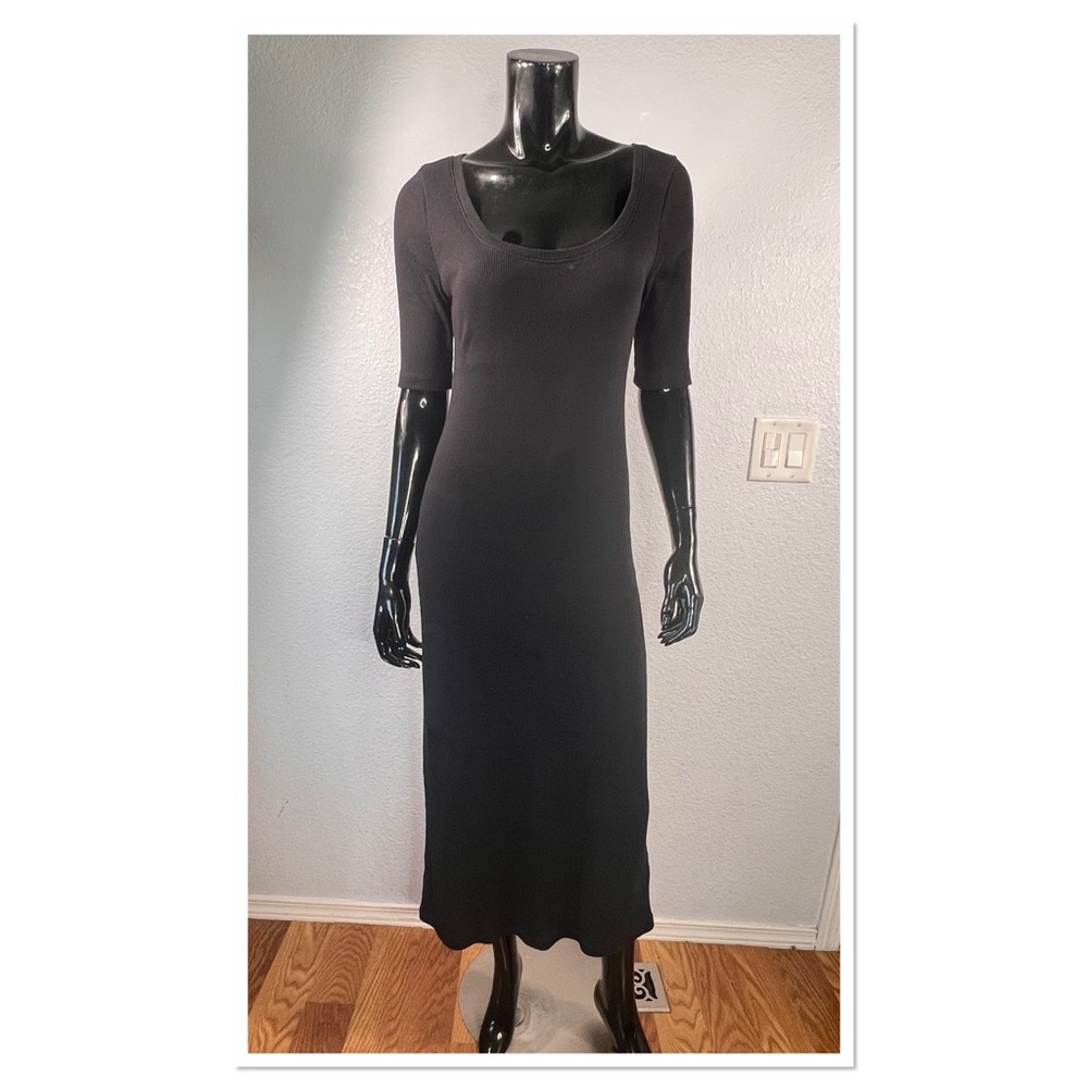 FP Beach Free People Avery Midi Dress Classic Black Scoop Neck Sz M Cotton - Picture 2 of 8